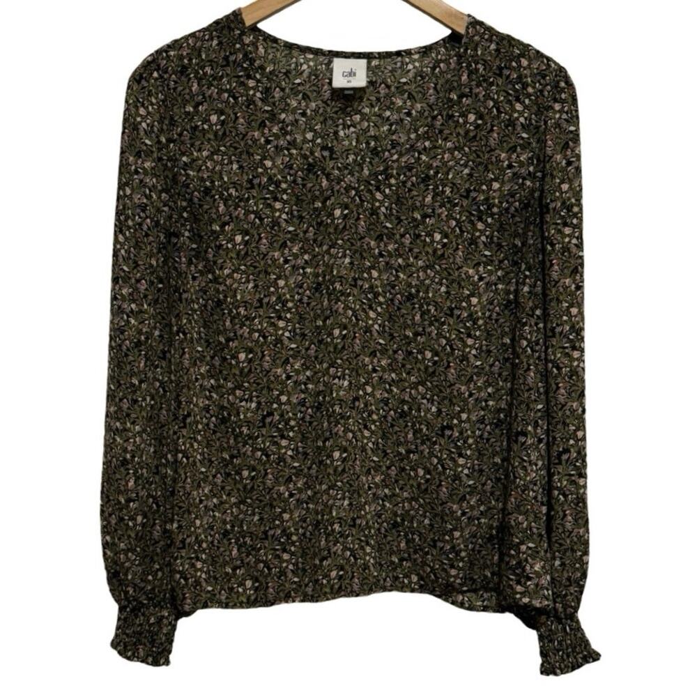 Cabi Chorus Blouse Womens XS Green Floral Long Sleeve Polyester V Neck 4161